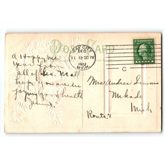 Vintage 1912 Embossed Happy New Year Postcard with Bells & Snow Scene - Picture 2 of 2